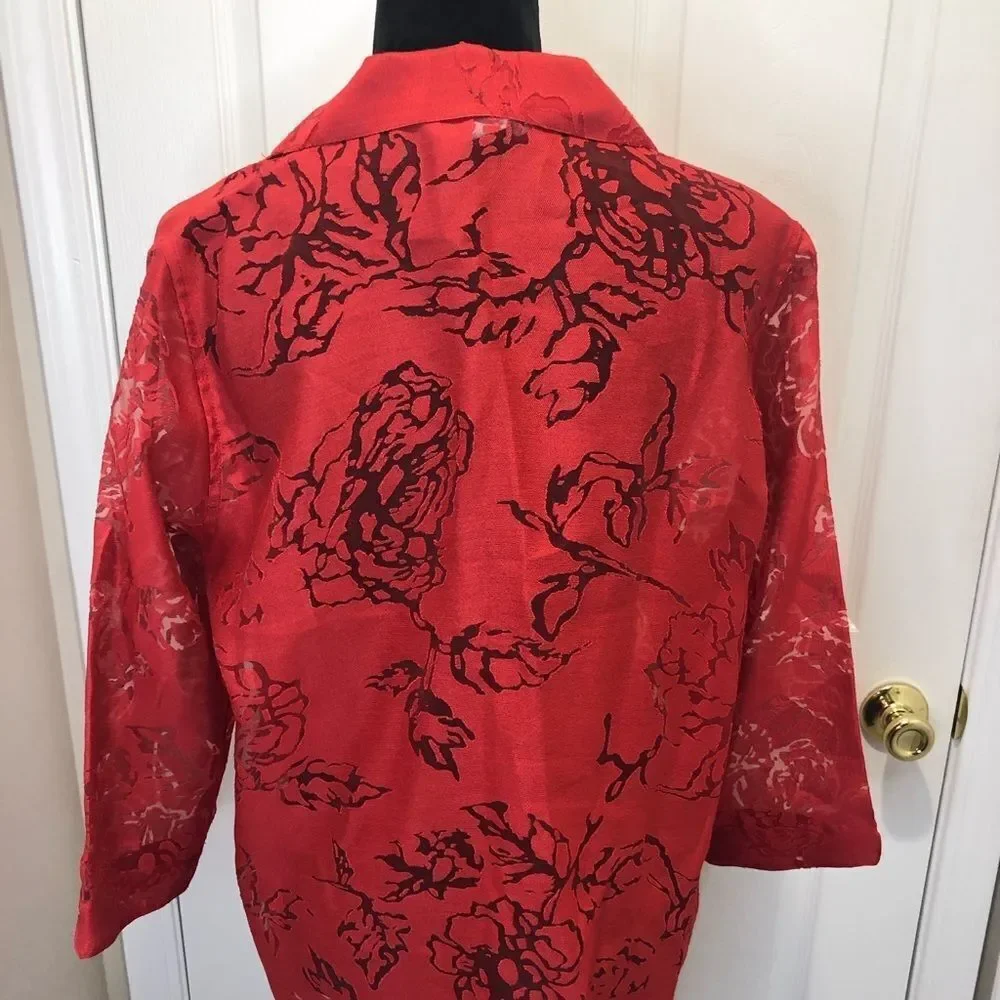 TanJay red button down blouse with sheer flowers - Picture 8 of 11